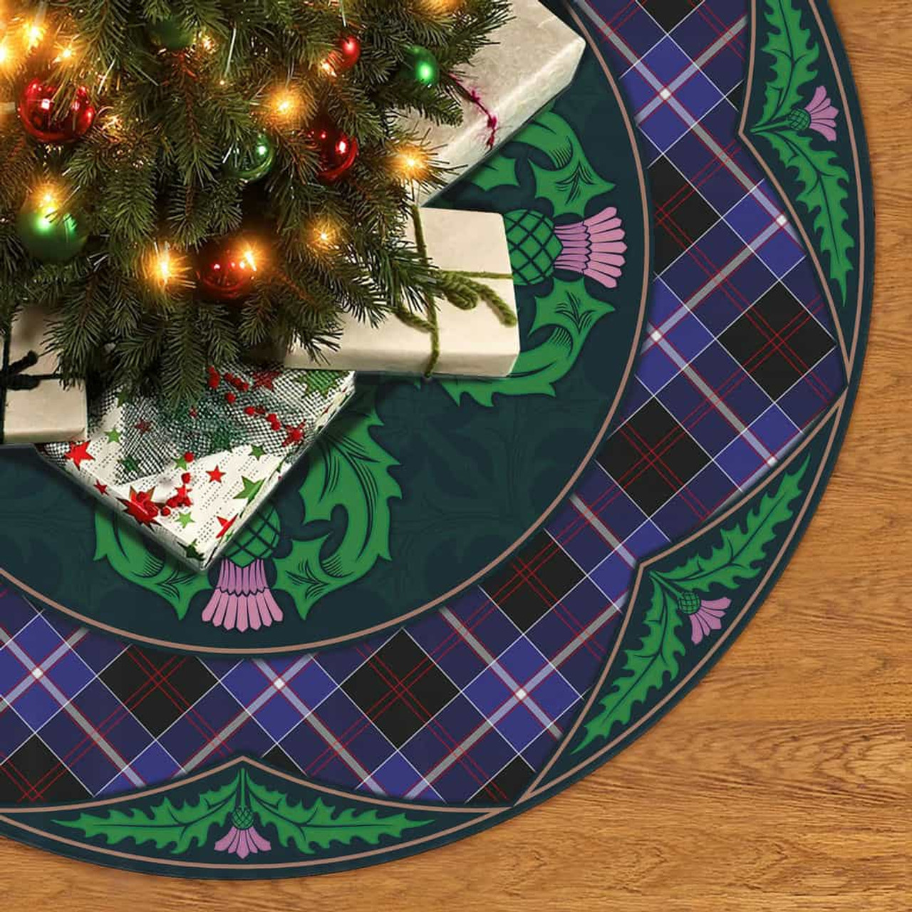 ScotsTee Shop Scottish Dunlop Modern Clan Scottish Thistle Flower Round Leaf Tartan Christmas Tree Skirt
