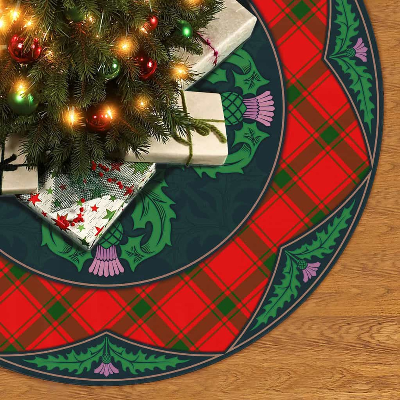 ScotsTee Shop Scottish MacDonald of Sleat Clan Scottish Thistle Flower Round Leaf Tartan Christmas Tree Skirt