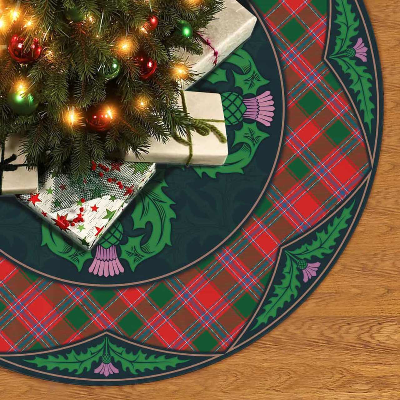 ScotsTee Shop Scottish Dalziel Modern Clan Scottish Thistle Flower Round Leaf Tartan Christmas Tree Skirt