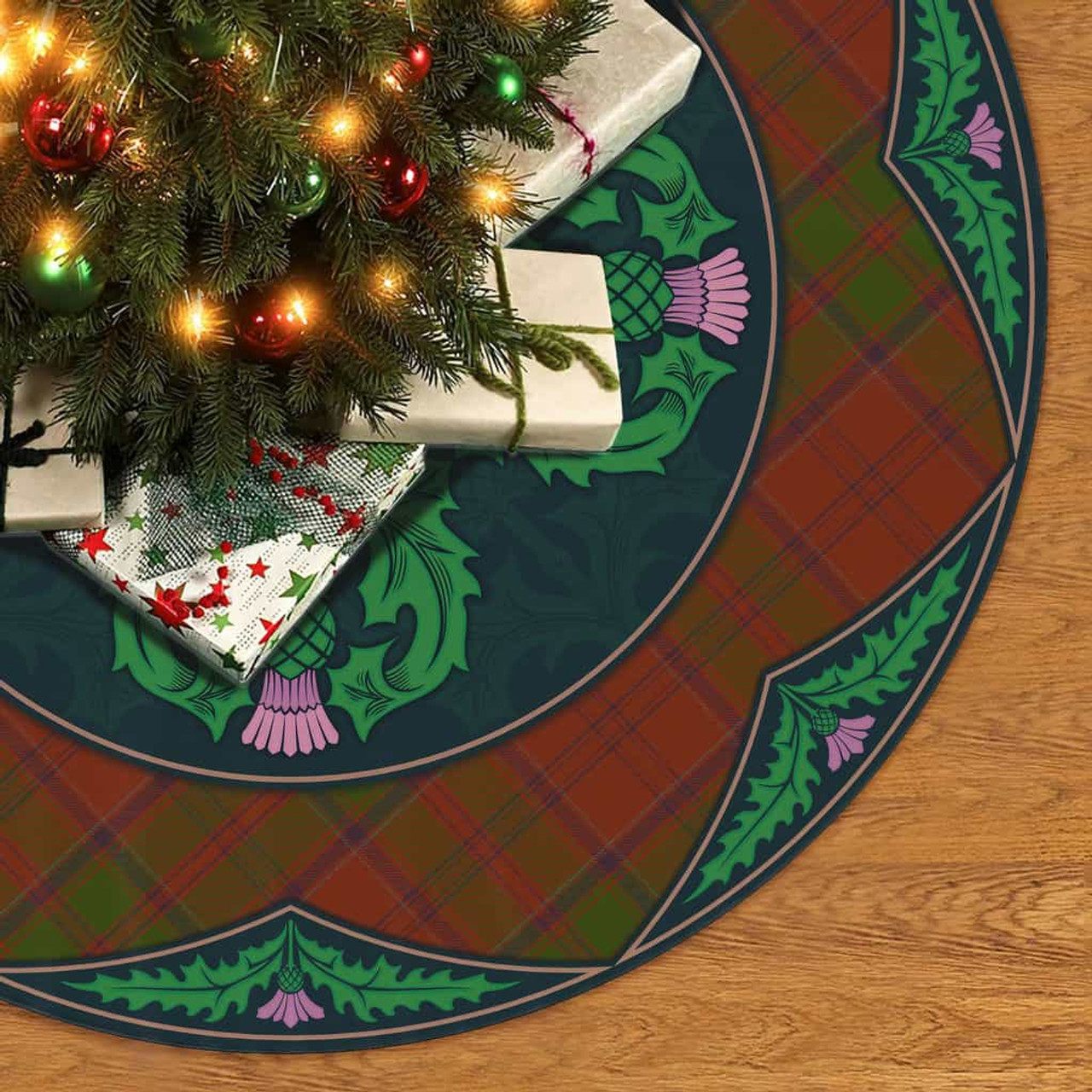 ScotsTee Shop Scottish Drummond Clan Scottish Thistle Flower Round Leaf Tartan Christmas Tree Skirt