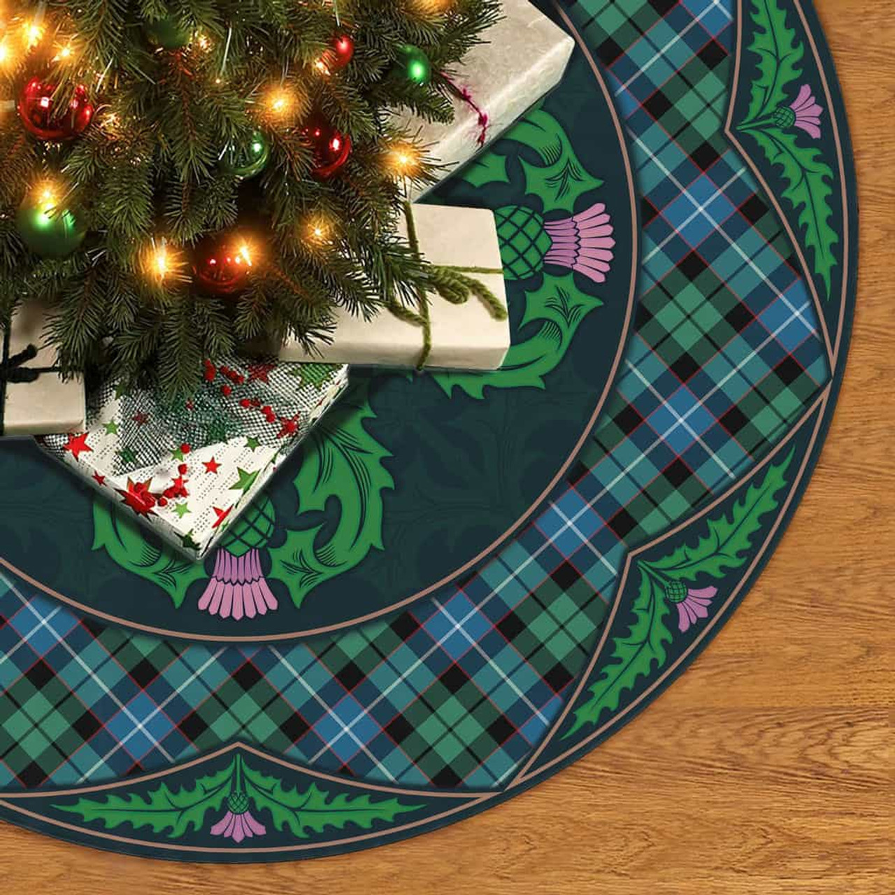 ScotsTee Shop Scottish Galbraith Ancient Clan Scottish Thistle Flower Round Leaf Tartan Christmas Tree Skirt
