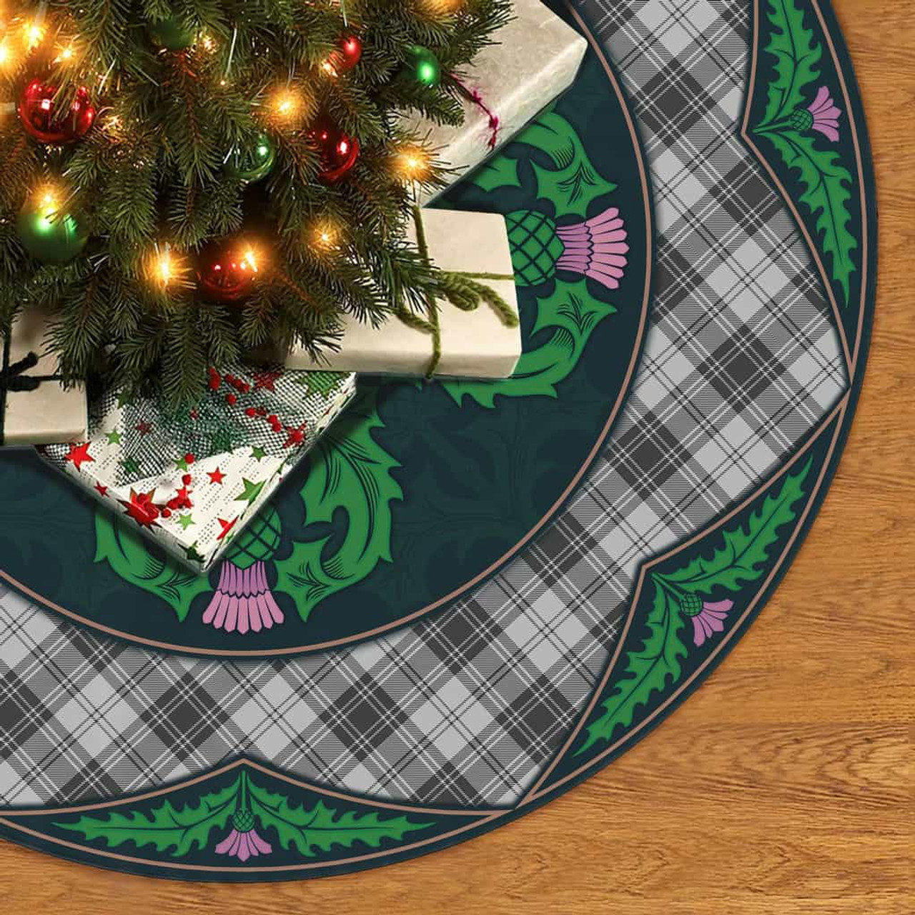 ScotsTee Shop Scottish Douglas Grey Modern Clan Scottish Thistle Flower Round Leaf Tartan Christmas Tree Skirt