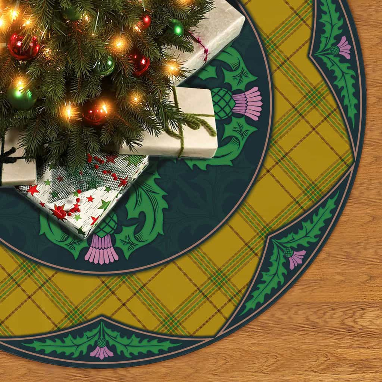 ScotsTee Shop Scottish Houston Clan Scottish Thistle Flower Round Leaf Tartan Christmas Tree Skirt