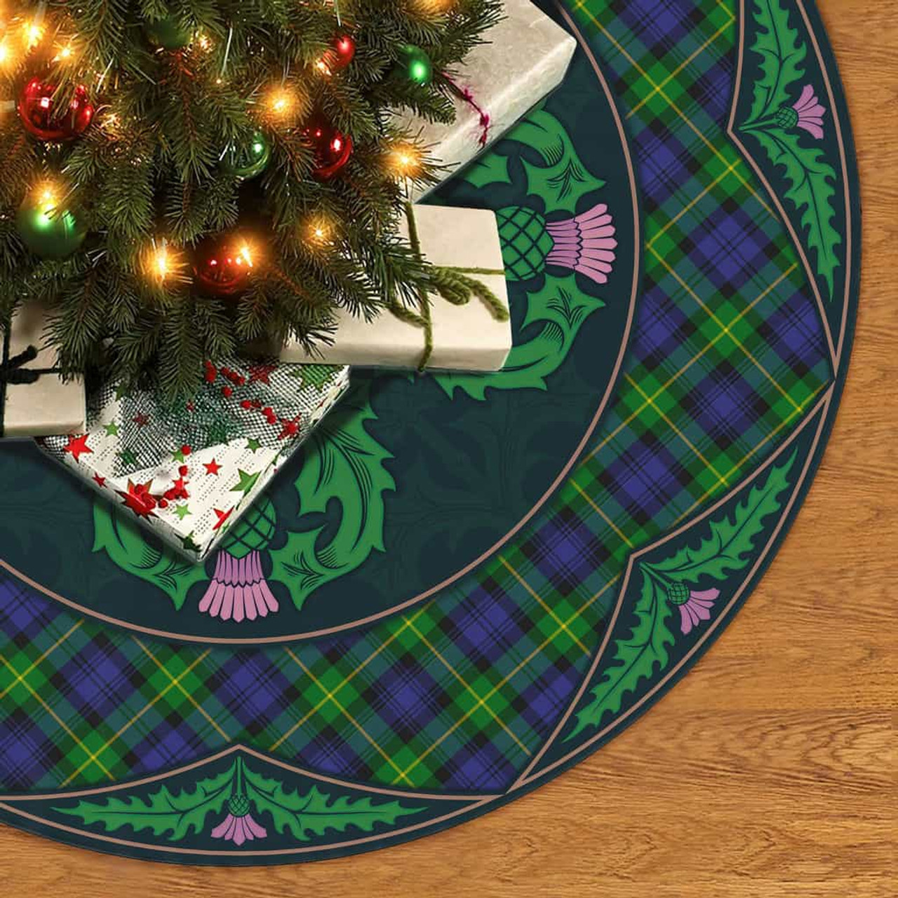 ScotsTee Shop Scottish Gordon Modern Clan Scottish Thistle Flower Round Leaf Tartan Christmas Tree Skirt
