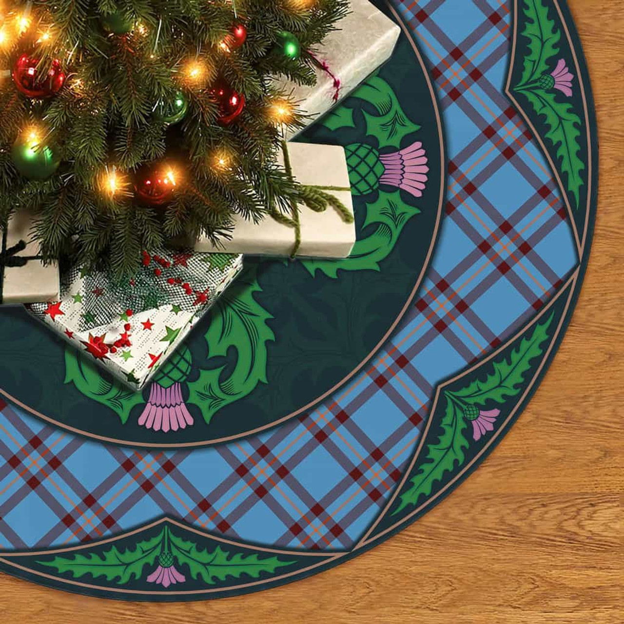 ScotsTee Shop Scottish Elliot Ancient Clan Scottish Thistle Flower Round Leaf Tartan Christmas Tree Skirt