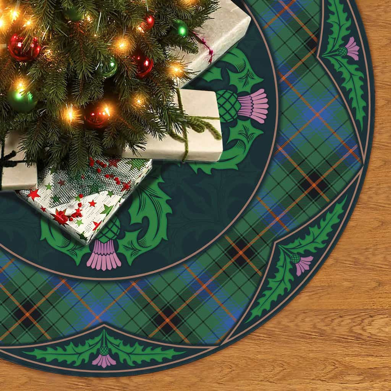 ScotsTee Shop Scottish Davidson Ancient Clan Scottish Thistle Flower Round Leaf Tartan Christmas Tree Skirt