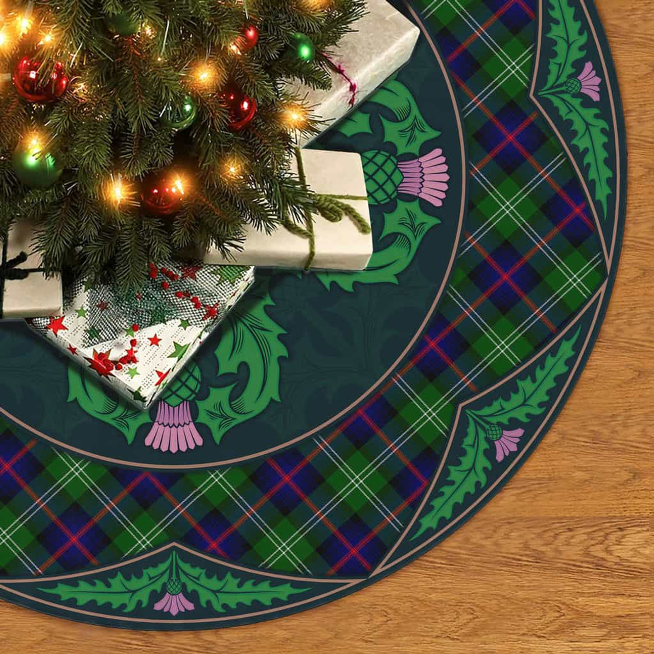 ScotsTee Shop Scottish Sutherland Modern Clan Scottish Thistle Flower Round Leaf Tartan Christmas Tree Skirt