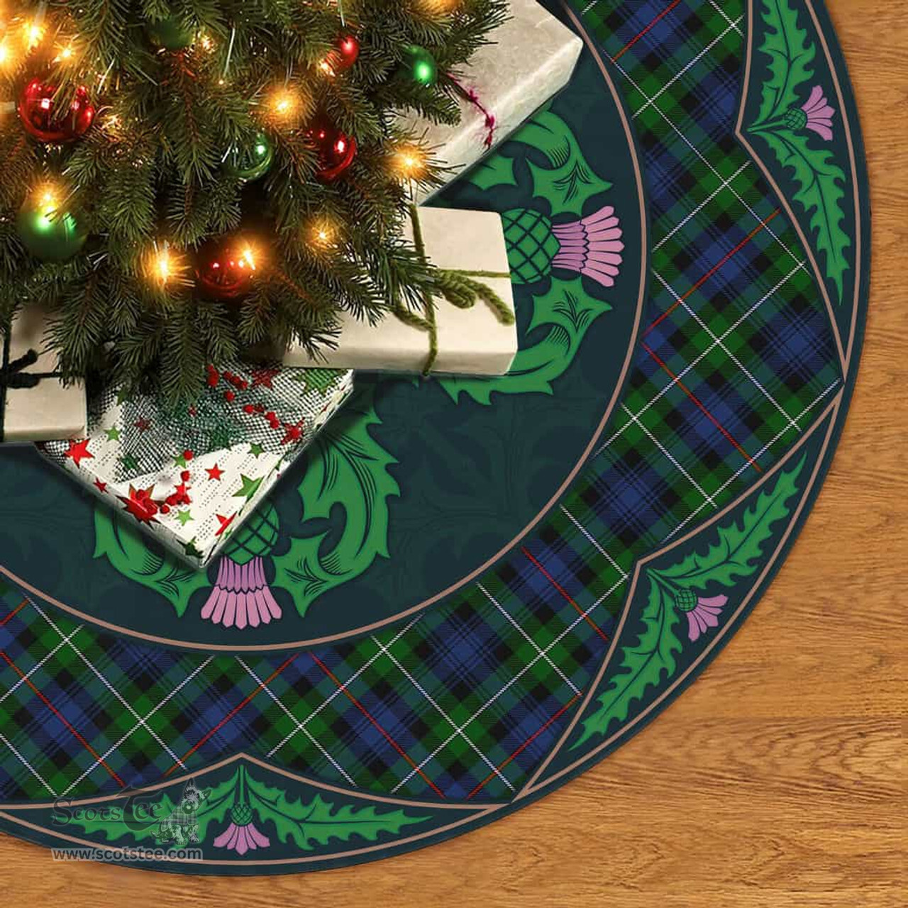 ScotsTee Shop Scottish MacKenzie Modern Clan Scottish Thistle Flower Round Leaf Tartan Christmas Tree Skirt