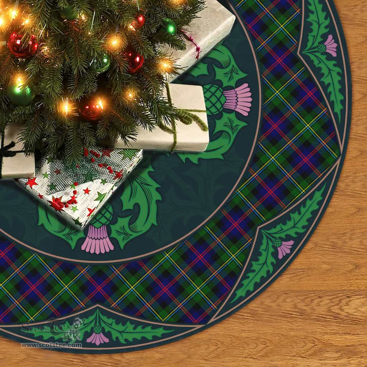 ScotsTee Shop Scottish Malcolm Modern Clan Scottish Thistle Flower Round Leaf Tartan Christmas Tree Skirt