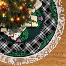 ScotsTee Shop Scottish Menzies Black & White Modern Clan Scottish Thistle Flower Round Leaf Tartan Christmas Tree Skirt