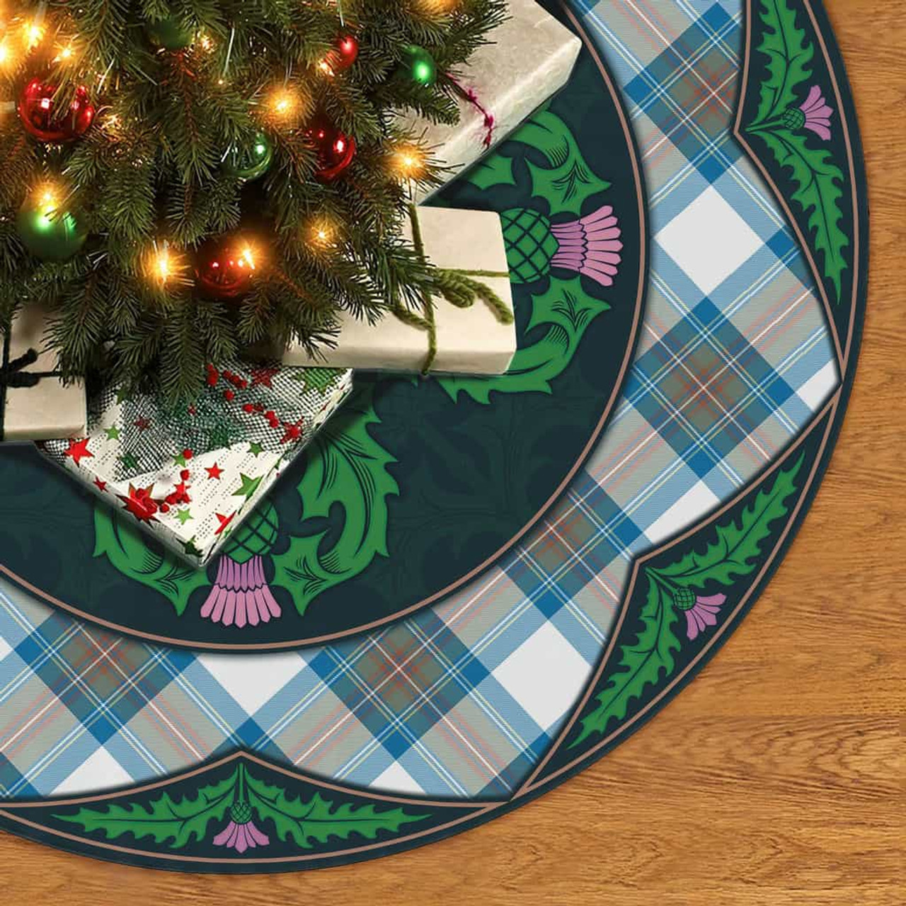 ScotsTee Shop Scottish Stewart Muted Blue Clan Scottish Thistle Flower Round Leaf Tartan Christmas Tree Skirt
