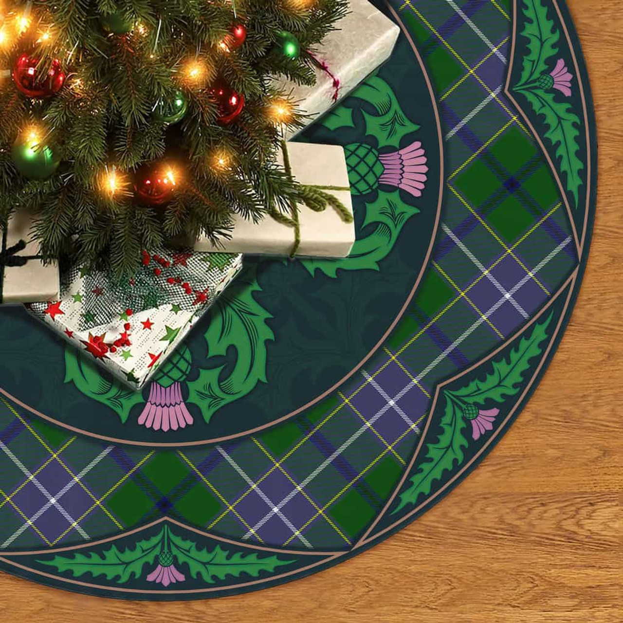 ScotsTee Shop Scottish Wishart Hunting Modern Clan Scottish Thistle Flower Round Leaf Tartan Christmas Tree Skirt