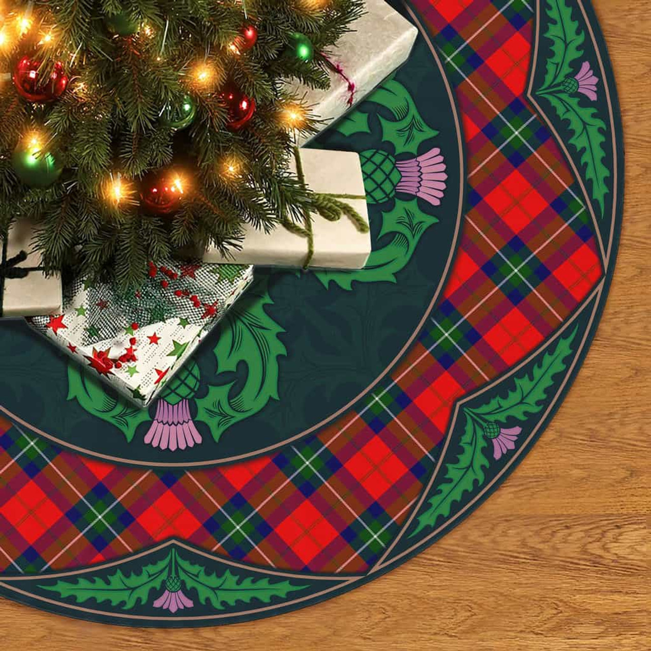 ScotsTee Shop Scottish Ruthven Modern Clan Scottish Thistle Flower Round Leaf Tartan Christmas Tree Skirt