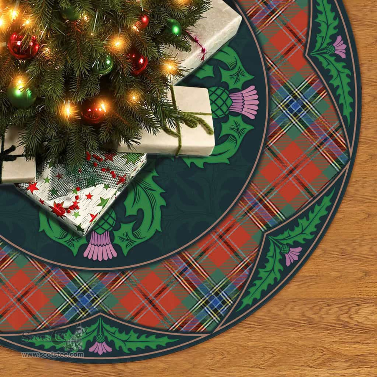 ScotsTee Shop Scottish MacLean of Duart Ancient Clan Scottish Thistle Flower Round Leaf Tartan Christmas Tree Skirt