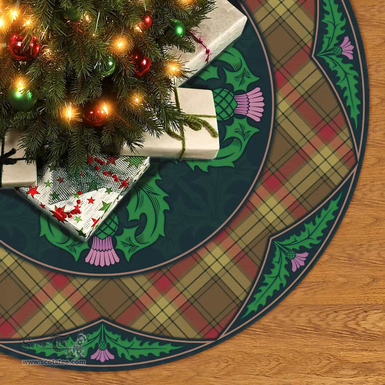 ScotsTee Shop Scottish MacMillan Old Weathered Clan Scottish Thistle Flower Round Leaf Tartan Christmas Tree Skirt