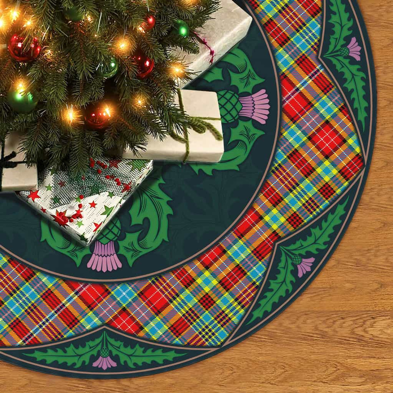 ScotsTee Shop Scottish Ogilvie Clan Scottish Thistle Flower Round Leaf Tartan Christmas Tree Skirt