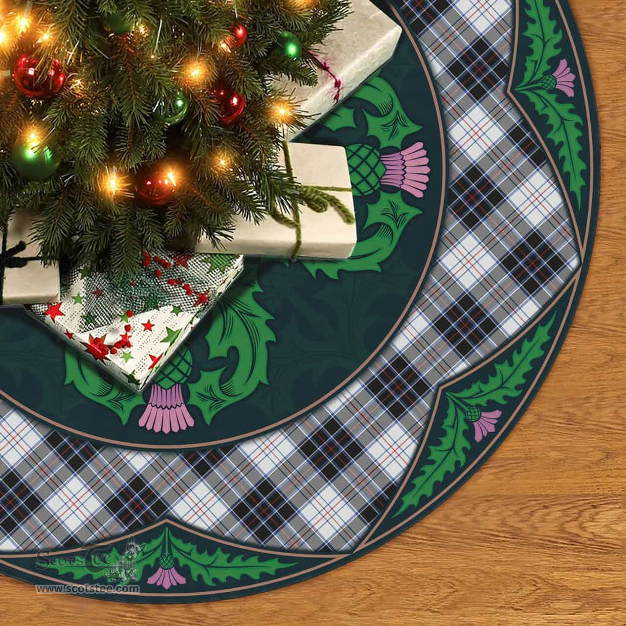 ScotsTee Shop Scottish MacRae Dress Modern Clan Scottish Thistle Flower Round Leaf Tartan Christmas Tree Skirt