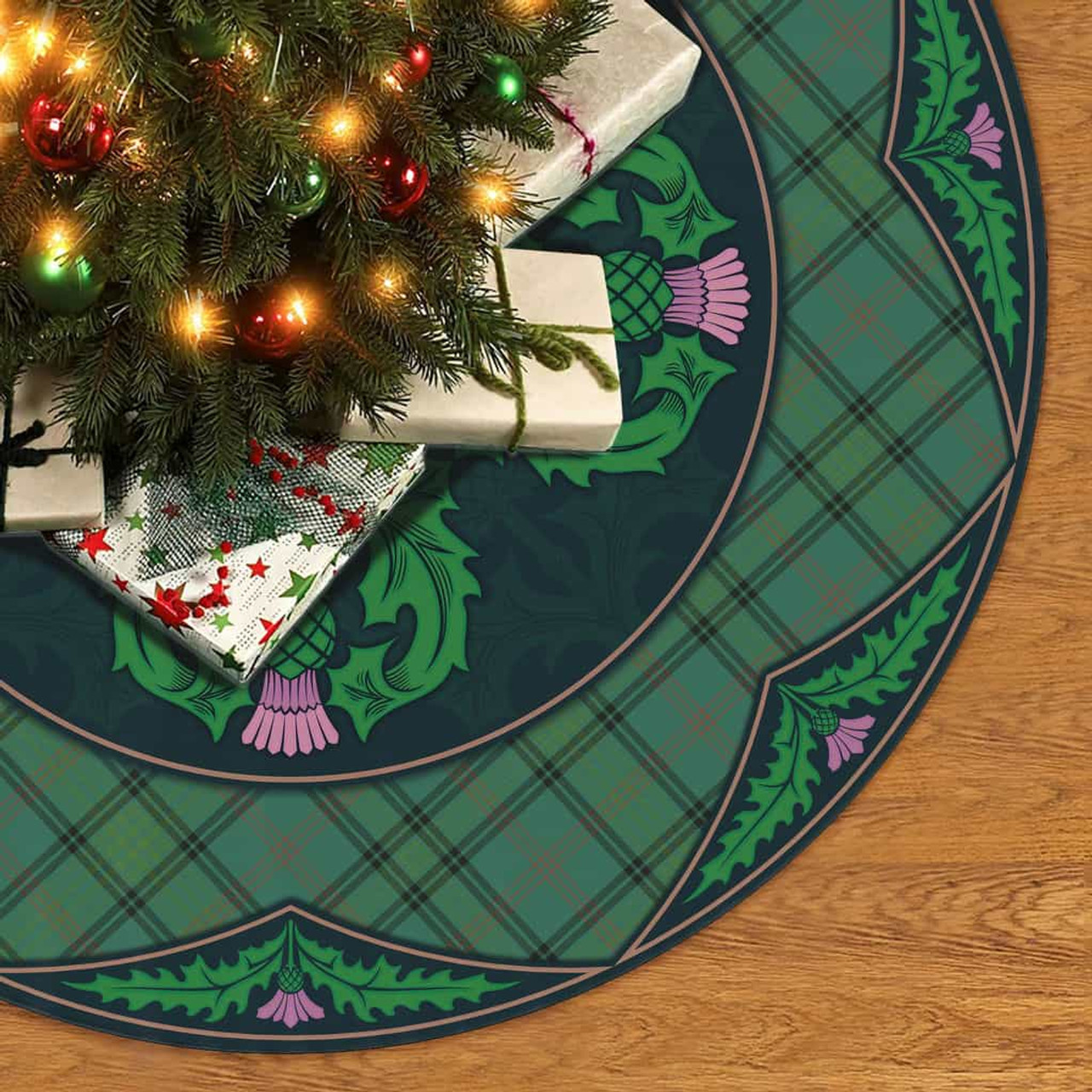 ScotsTee Shop Scottish Ross Hunting Ancient Clan Scottish Thistle Flower Round Leaf Tartan Christmas Tree Skirt