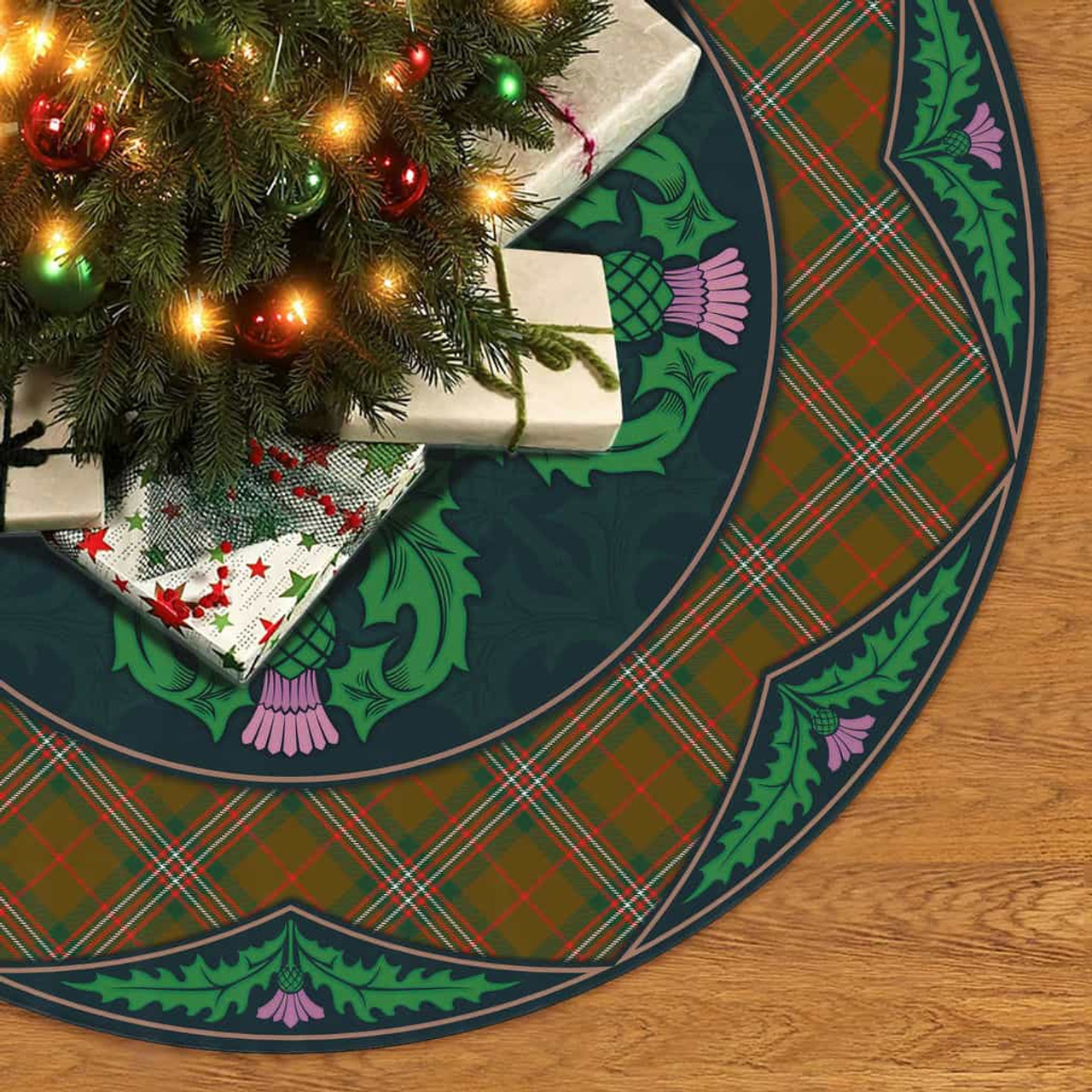 ScotsTee Shop Scottish Scott Brown Modern Clan Scottish Thistle Flower Round Leaf Tartan Christmas Tree Skirt
