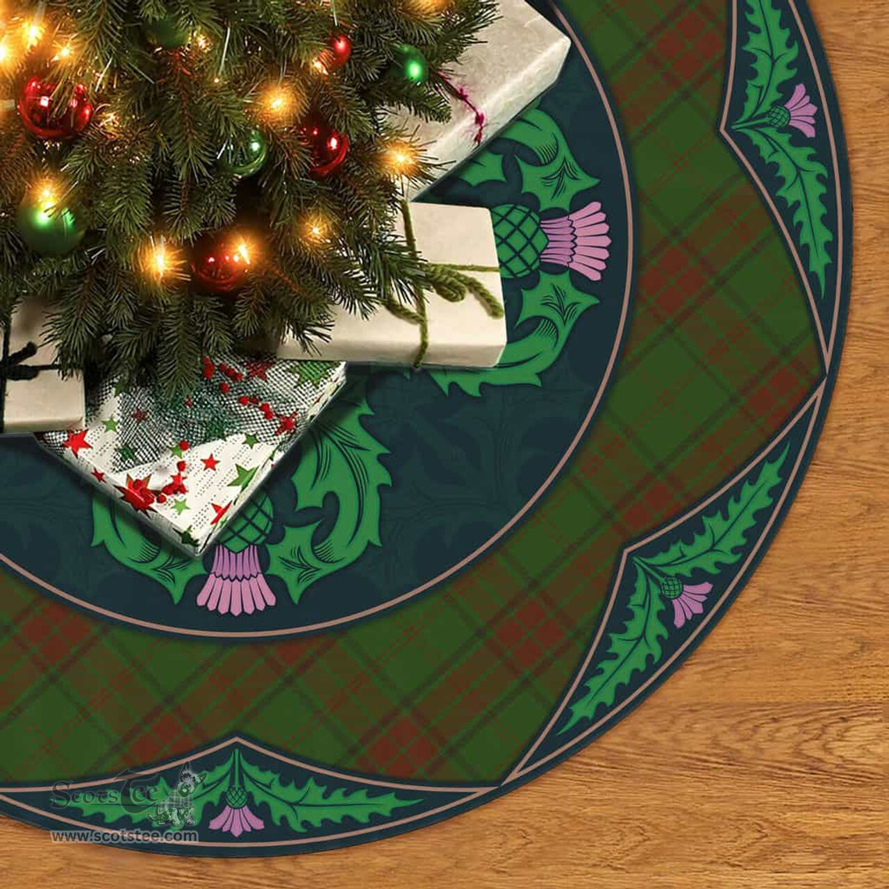 ScotsTee Shop Scottish Maxwell Hunting Clan Scottish Thistle Flower Round Leaf Tartan Christmas Tree Skirt