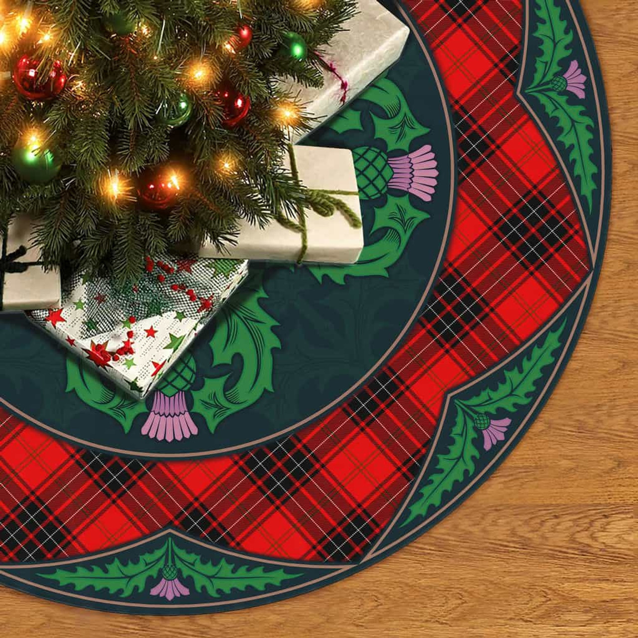 ScotsTee Shop Scottish Wemyss Modern Clan Scottish Thistle Flower Round Leaf Tartan Christmas Tree Skirt