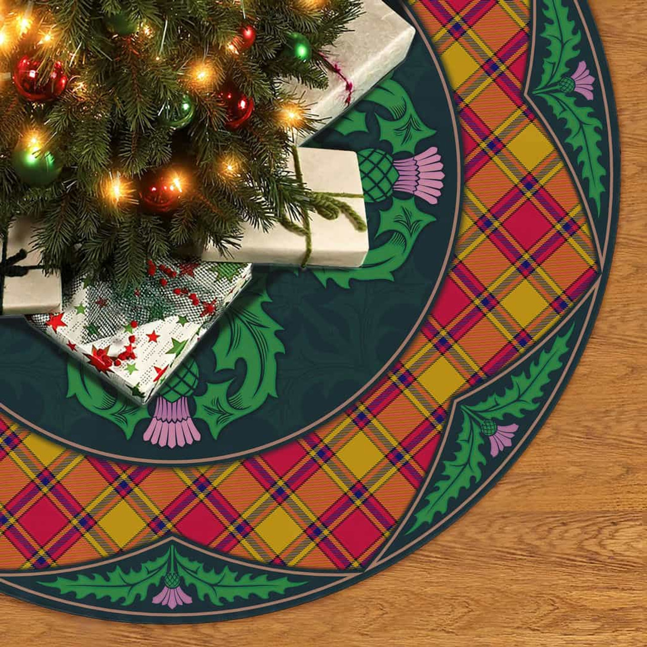 ScotsTee Shop Scottish Scrymgeour Clan Scottish Thistle Flower Round Leaf Tartan Christmas Tree Skirt