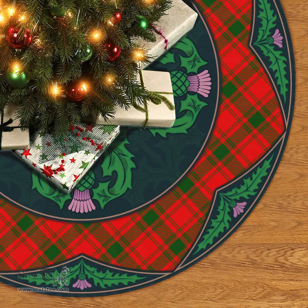 ScotsTee Shop Scottish MacQuarrie Modern Clan Scottish Thistle Flower Round Leaf Tartan Christmas Tree Skirt