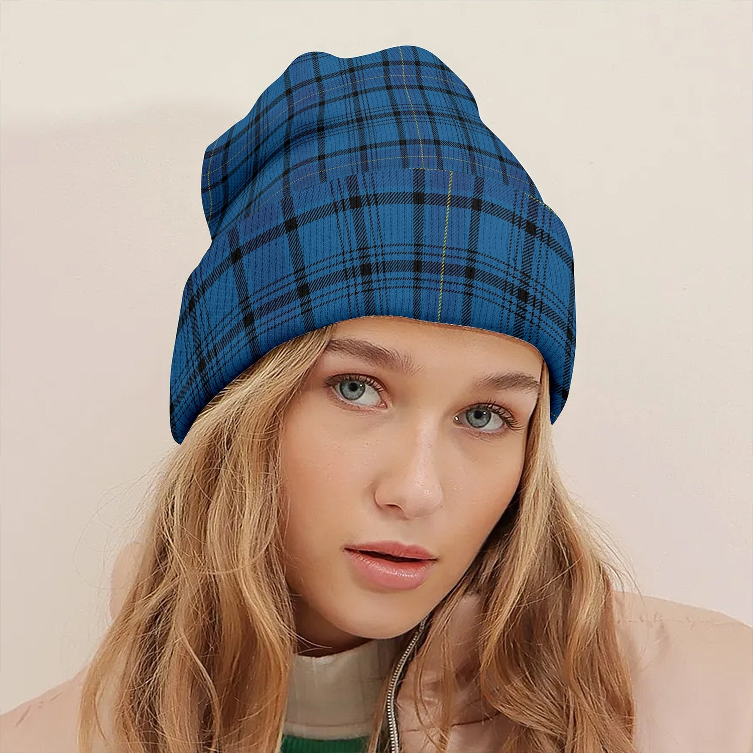 ScotsTee Shop Scottish Haney Blue Modern Clan Crest Tartan Plaid Knit Beanie