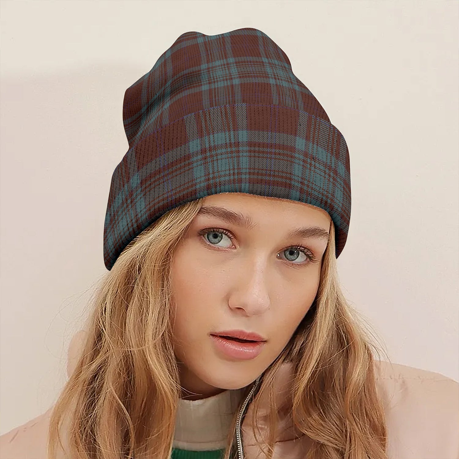 ScotsTee Shop Scottish MacAlister of Glenbarr Hunting (MacAlister of Glenbarr; Hunting) Weathered Clan Crest Tartan Plaid Knit Beanie