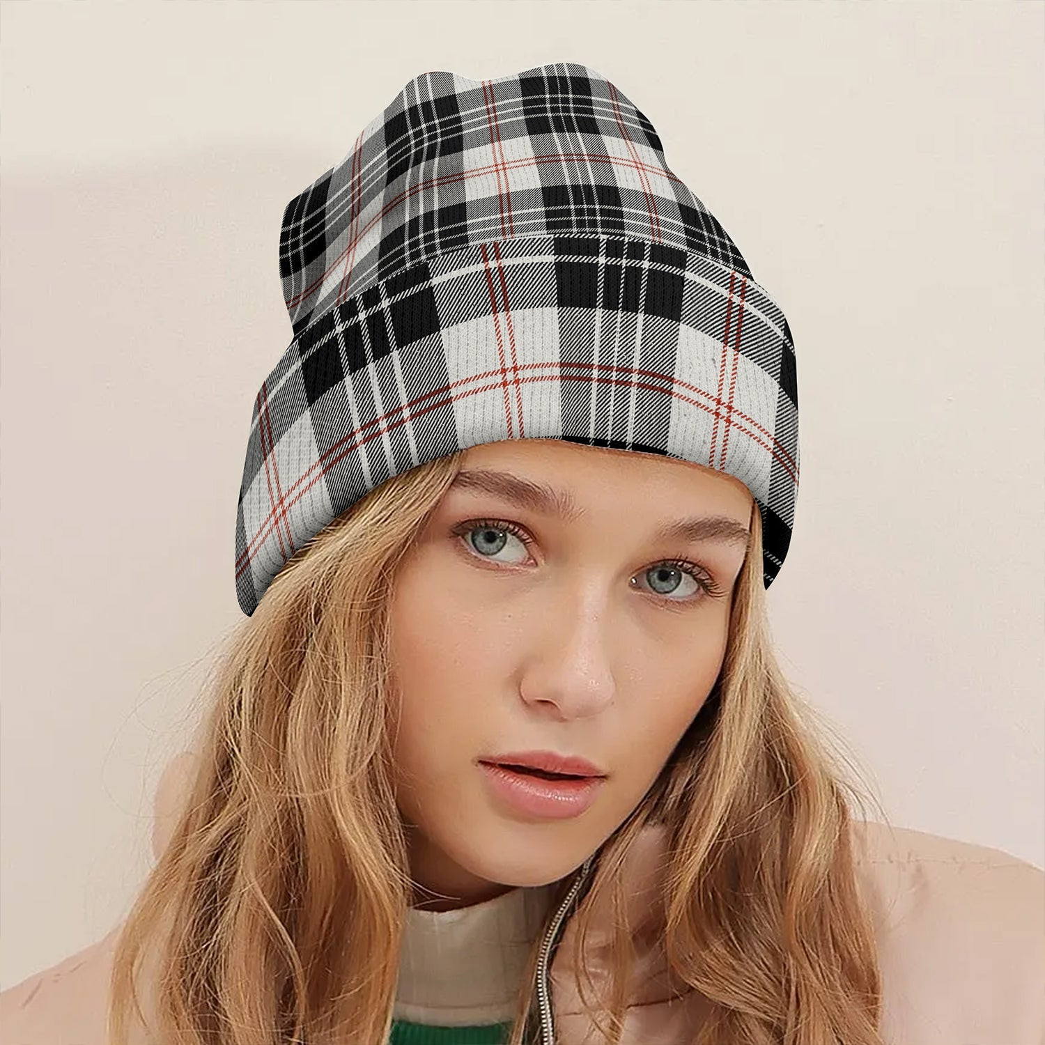 ScotsTee Shop Scottish MacPherson of Cluny Black & White Clan Crest Tartan Plaid Knit Beanie