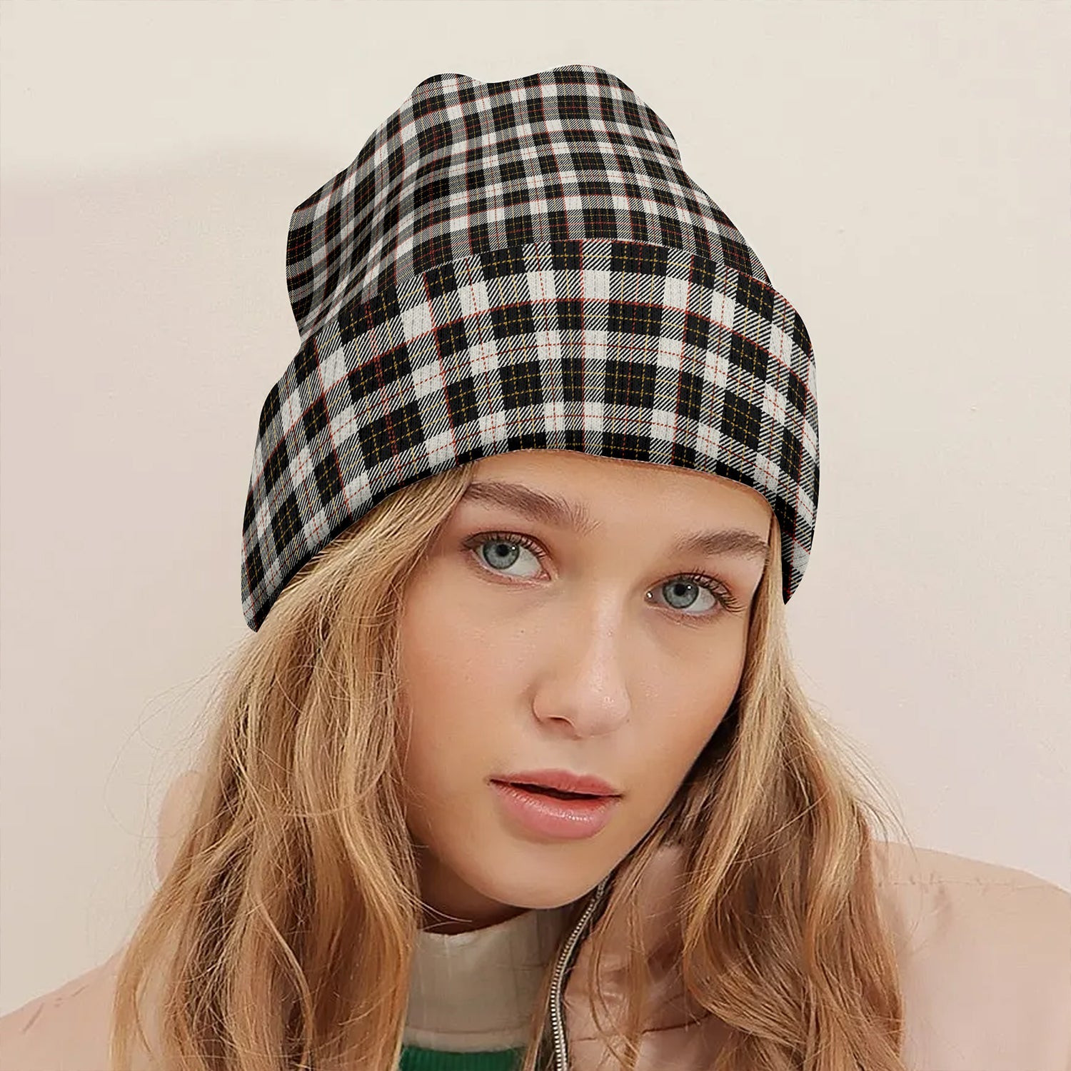 ScotsTee Shop Scottish Brodie Black - White Tartan Plaid Knit Beanie