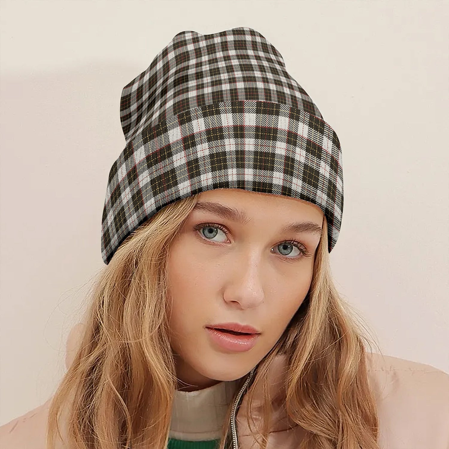 ScotsTee Shop Scottish Brodie Black - White Weathered Tartan Plaid Knit Beanie