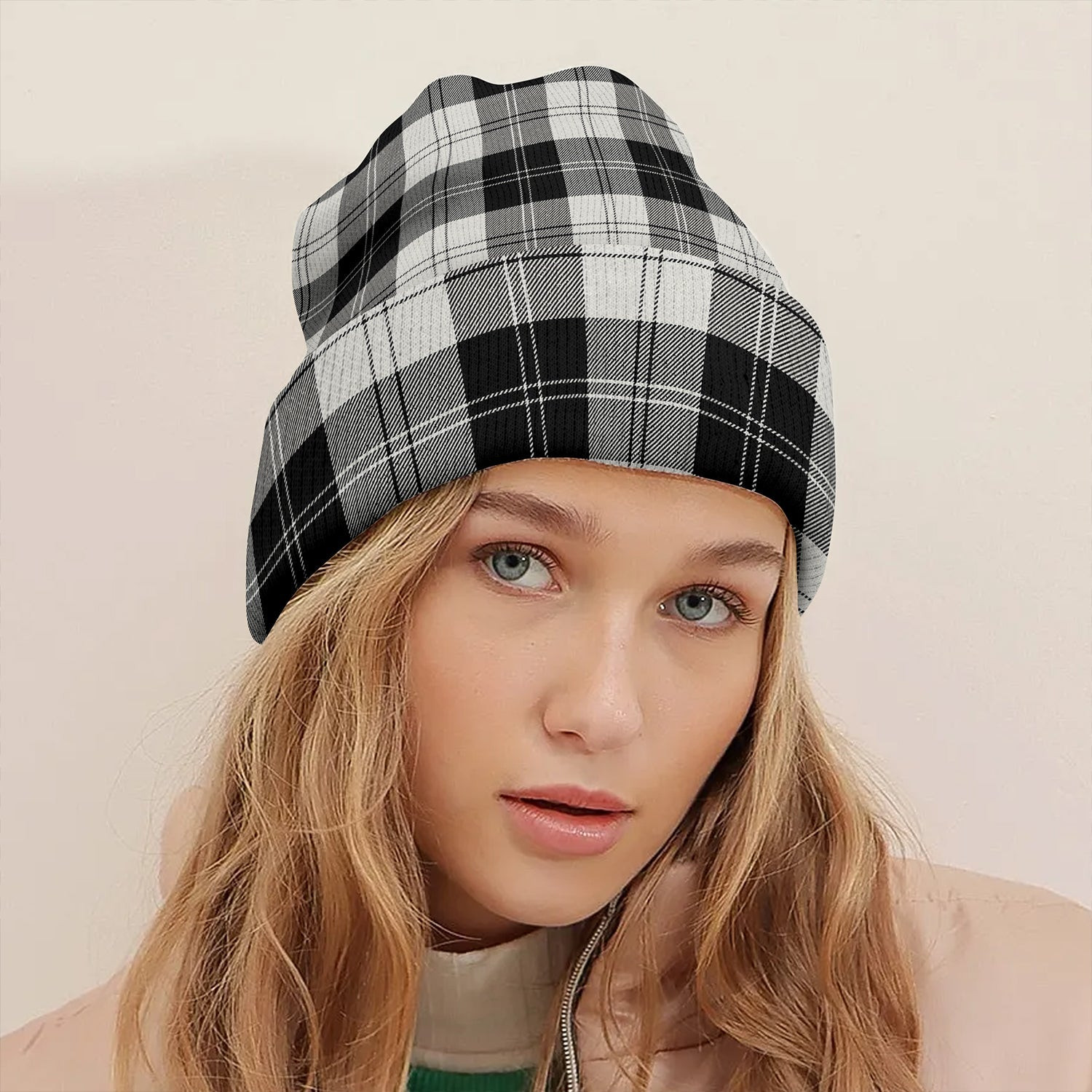 ScotsTee Shop Scottish Erskine Black - White Tartan Plaid Knit Beanie