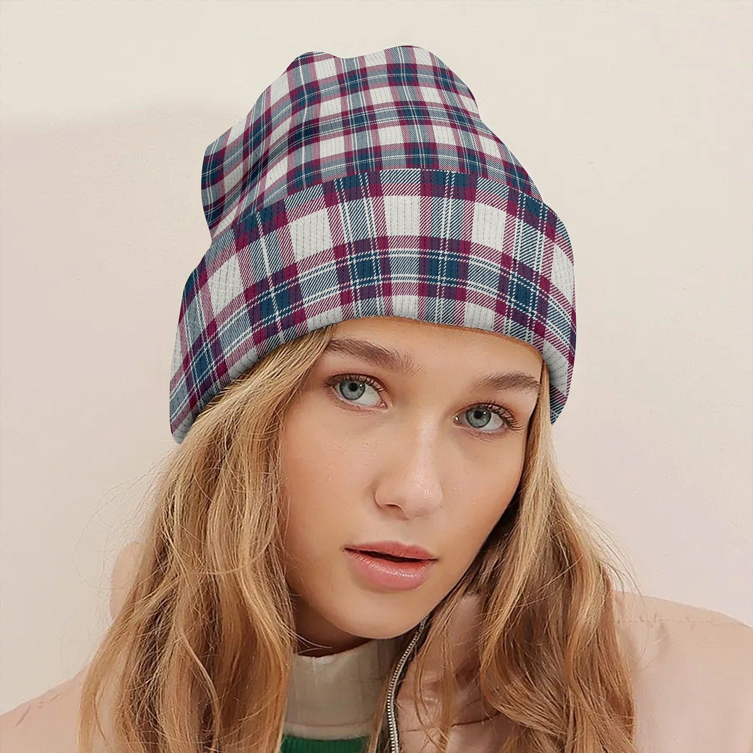 ScotsTee Shop Scottish Fraser Arisaid Wine Blue Modern Tartan Plaid Knit Beanie