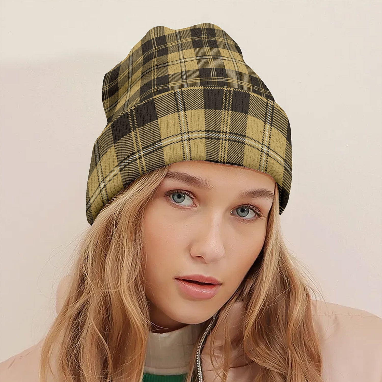 ScotsTee Shop Scottish Johnstone Orange Black (Johnson Orange Black) Weathered Tartan Plaid Knit Beanie