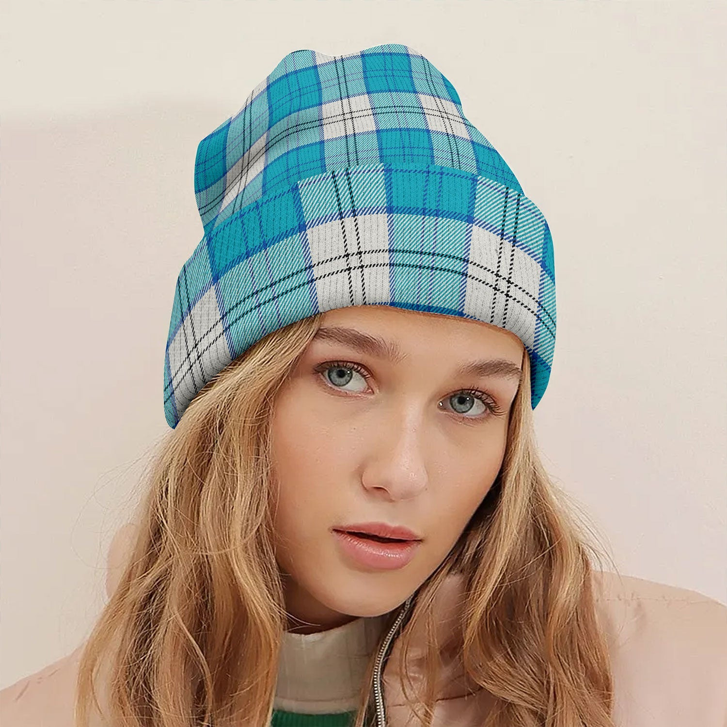 ScotsTee Shop Scottish Lennox Dress Turquoise Tartan Plaid Knit Beanie