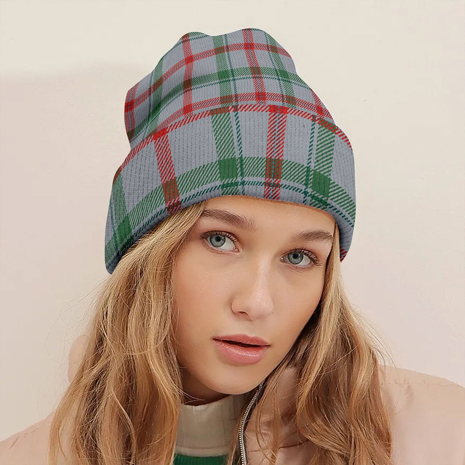 ScotsTee Shop Scottish Miss MacDougal (Personal) (MacLeod Arisaid) Modern Tartan Plaid Knit Beanie