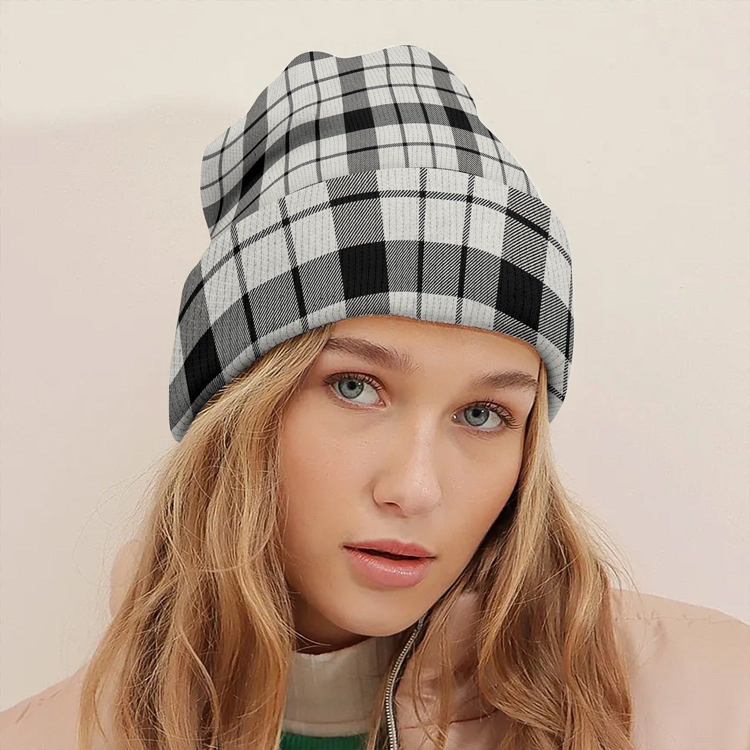 ScotsTee Shop Scottish MacFarlane Black and White (Wallace Wallas Dress 3) Ancient Tartan Plaid Knit Beanie