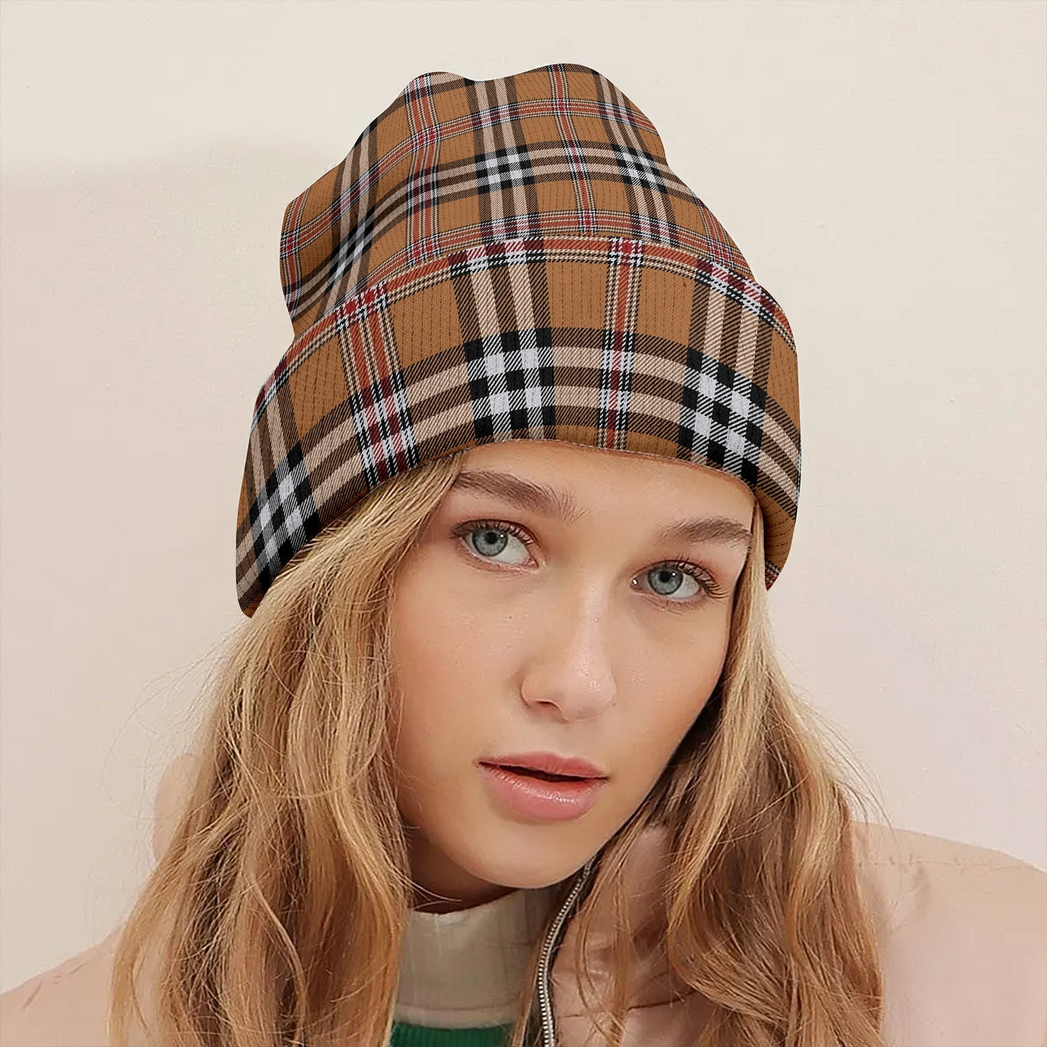 ScotsTee Shop Scottish Thomson Camel 3 (Thompson Camel 3) Modern Tartan Plaid Knit Beanie