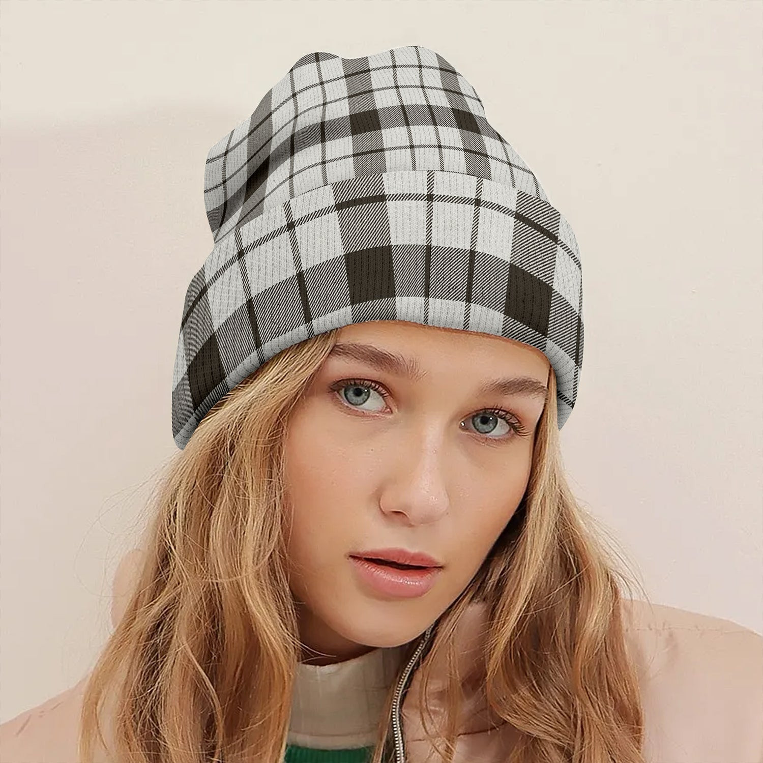 ScotsTee Shop Scottish MacFarlane Black and White (Wallace Wallas Dress 3) Weathered Tartan Plaid Knit Beanie