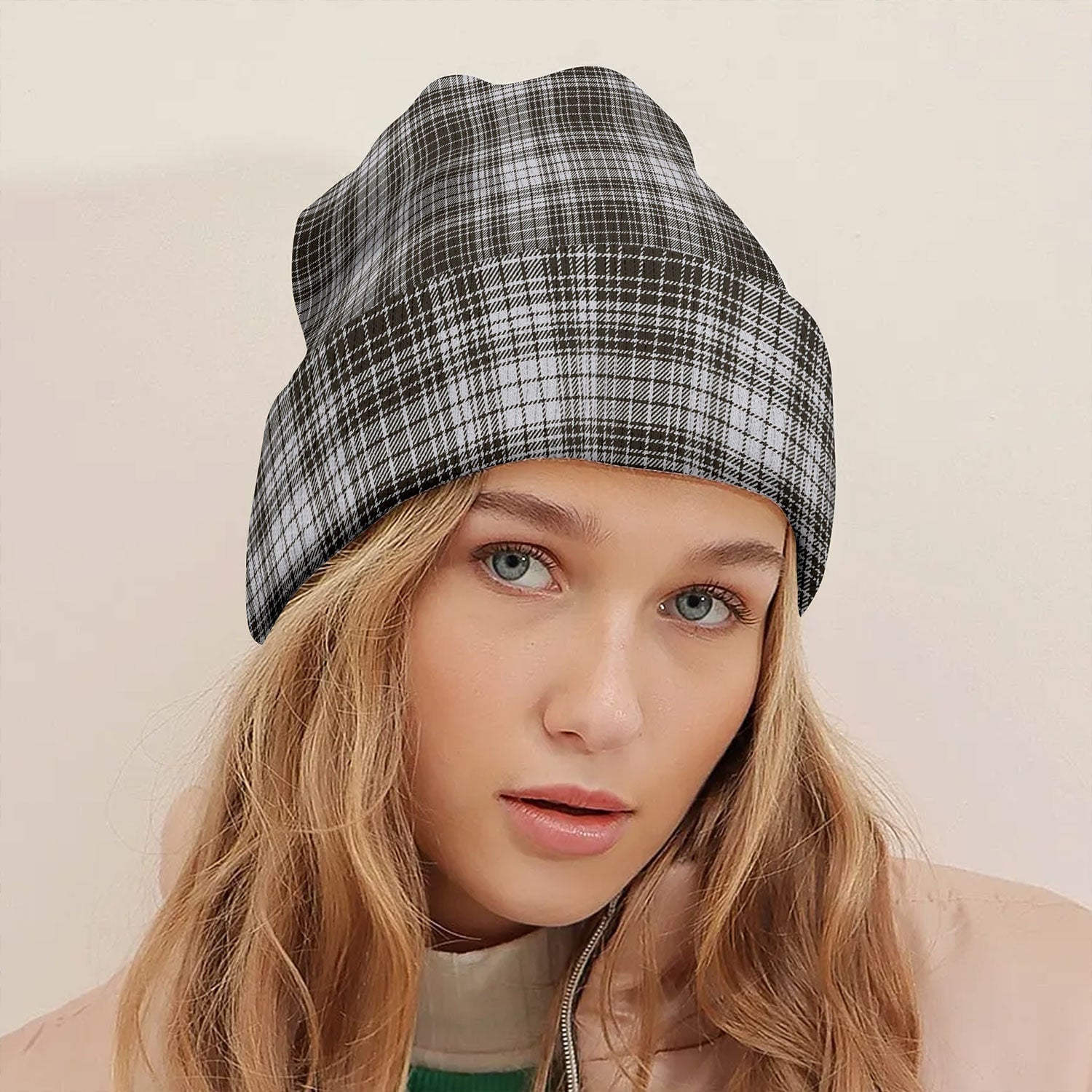 ScotsTee Shop Scottish Ogilvie Black - White Weathered Tartan Plaid Knit Beanie