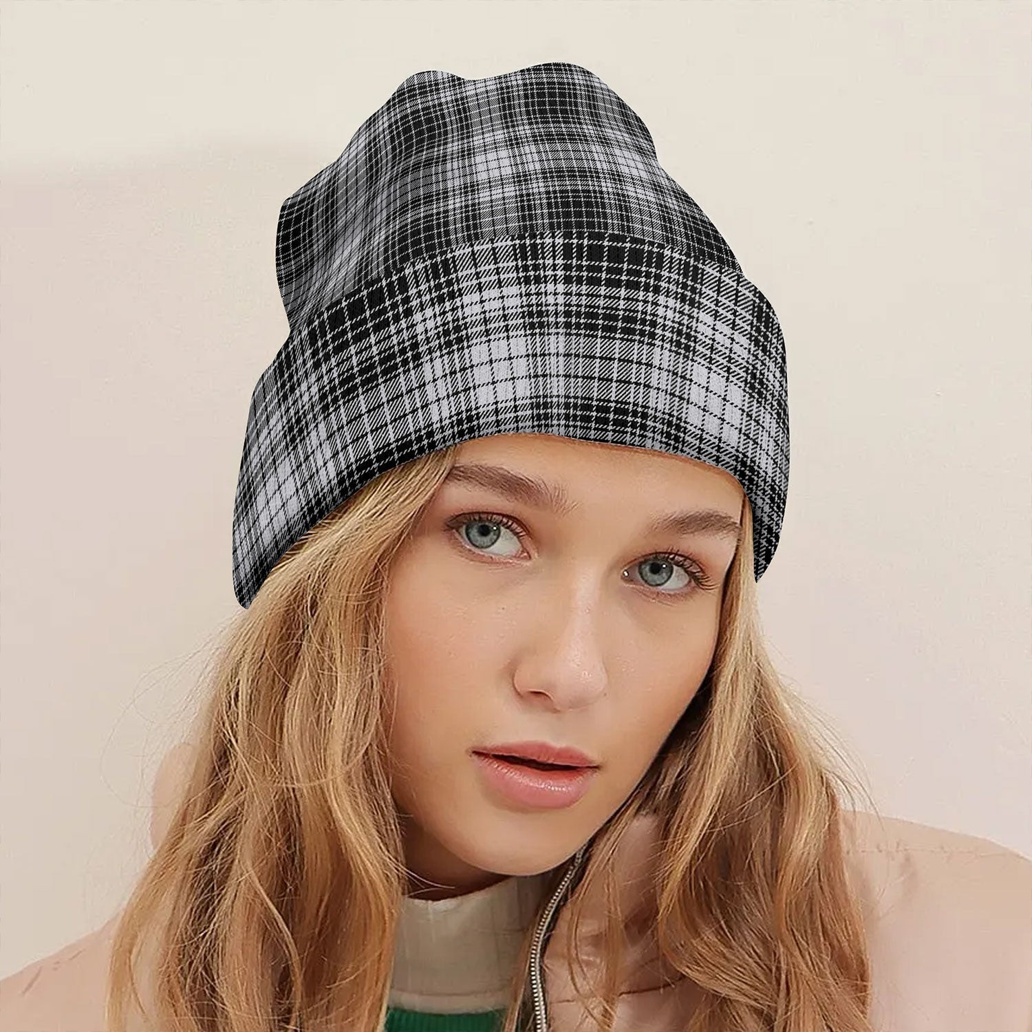 ScotsTee Shop Scottish Ogilvie Black - White Tartan Plaid Knit Beanie