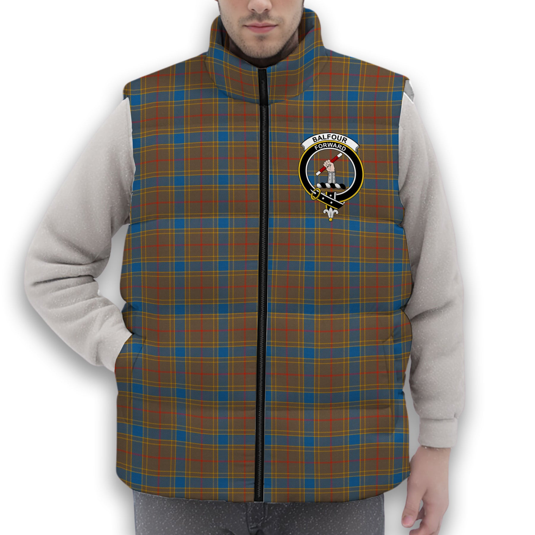ScotsTee Shop Scottish Balfour Ancient Crest Tartan Puffer Vest Winter White Duck Down Vest Sleeveless