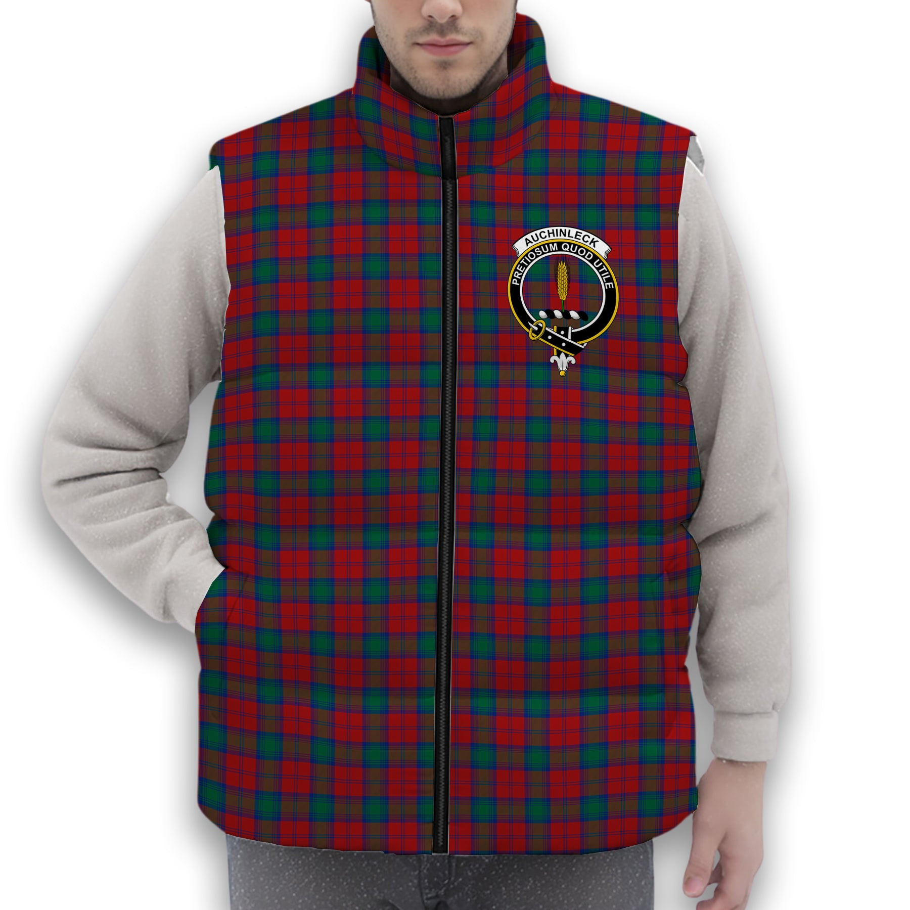 ScotsTee Shop Scottish Auchinleck Crest Tartan Puffer Vest Winter White Duck Down Vest Sleeveless