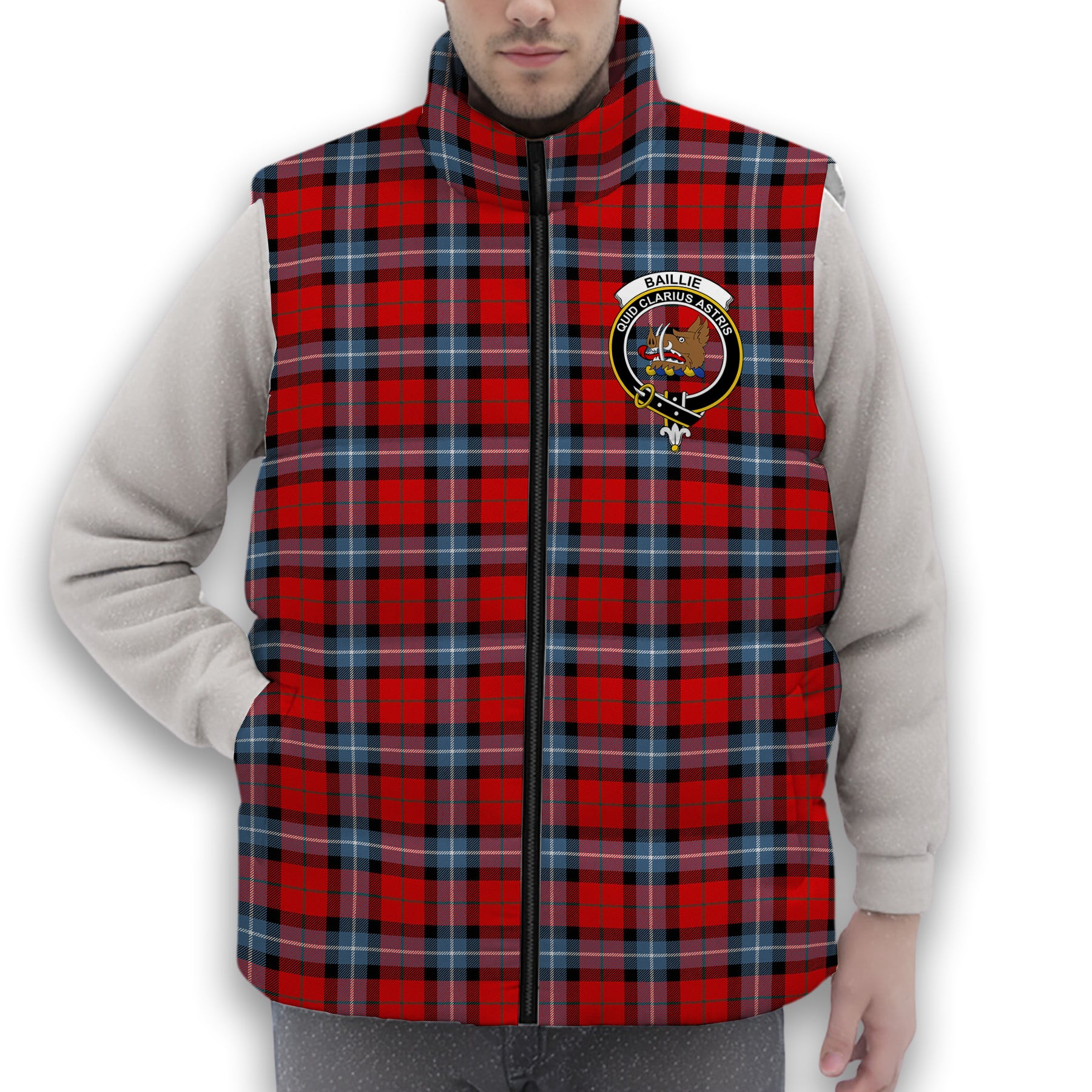 ScotsTee Shop Scottish Baillie of Polkemmet Red Modern Crest Tartan Puffer Vest Winter White Duck Down Vest Sleeveless