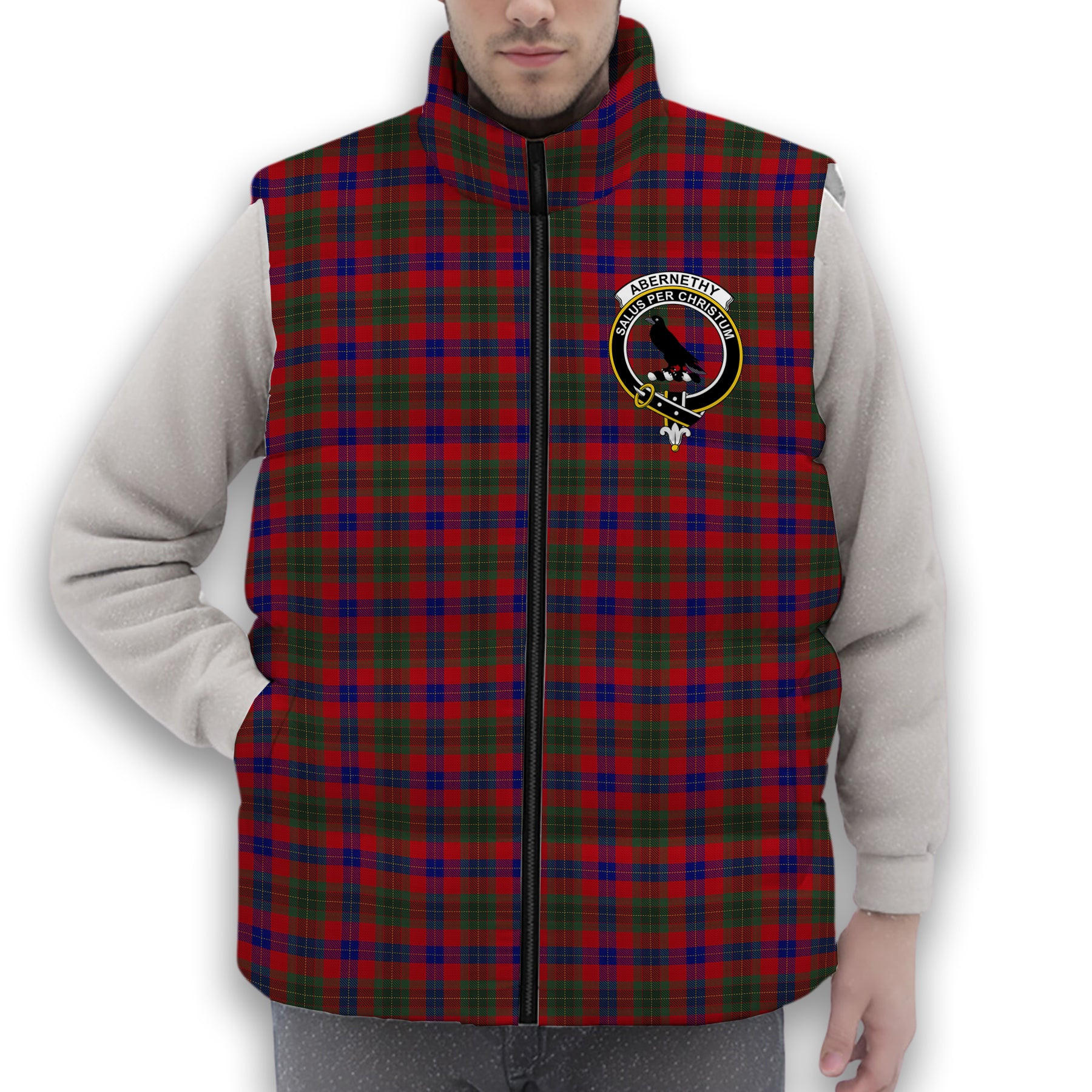 ScotsTee Shop Scottish Abernethy Colerain, USA Crest Tartan Puffer Vest Winter White Duck Down Vest Sleeveless