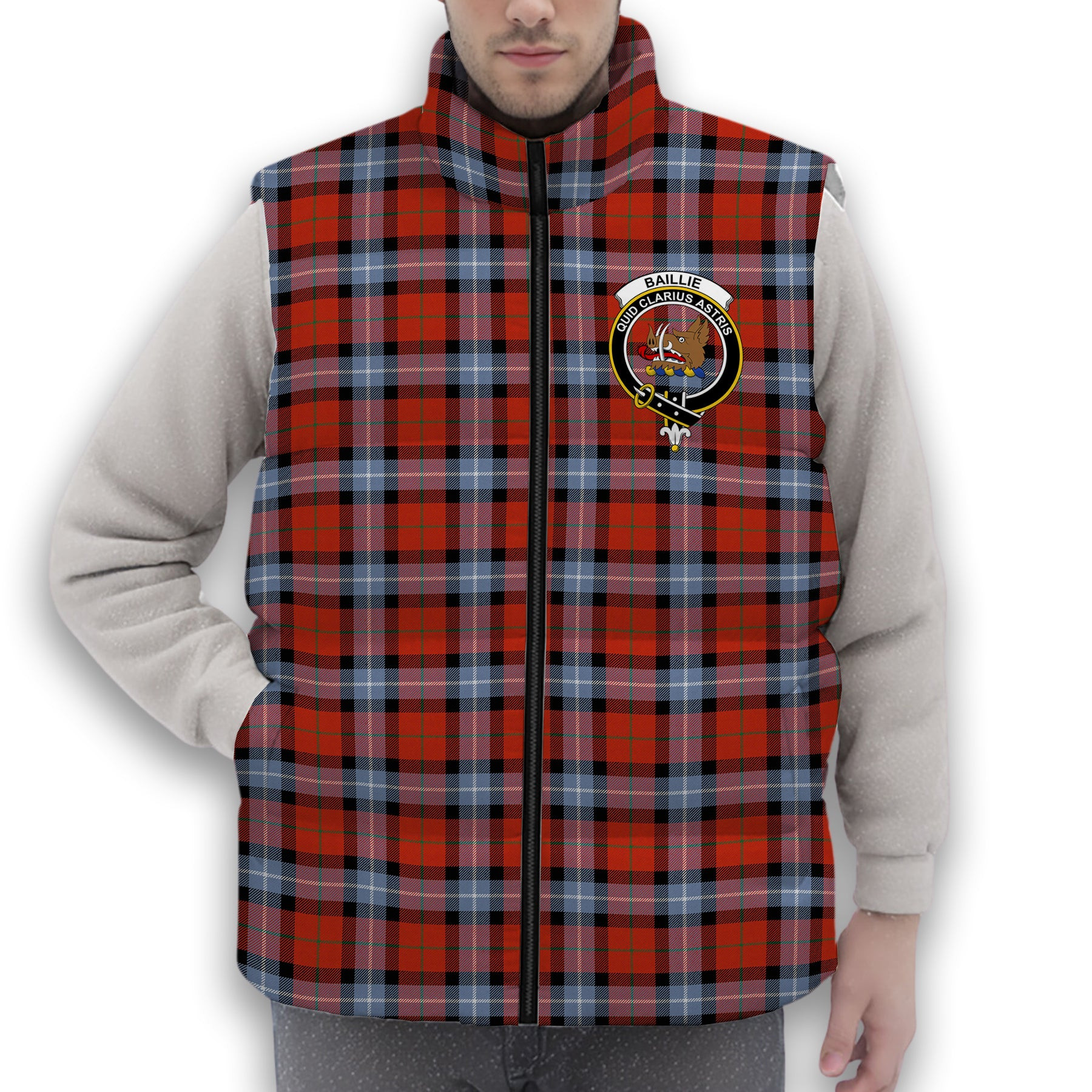 ScotsTee Shop Scottish Baillie of Polkemmet Red Ancient Crest Tartan Puffer Vest Winter White Duck Down Vest Sleeveless