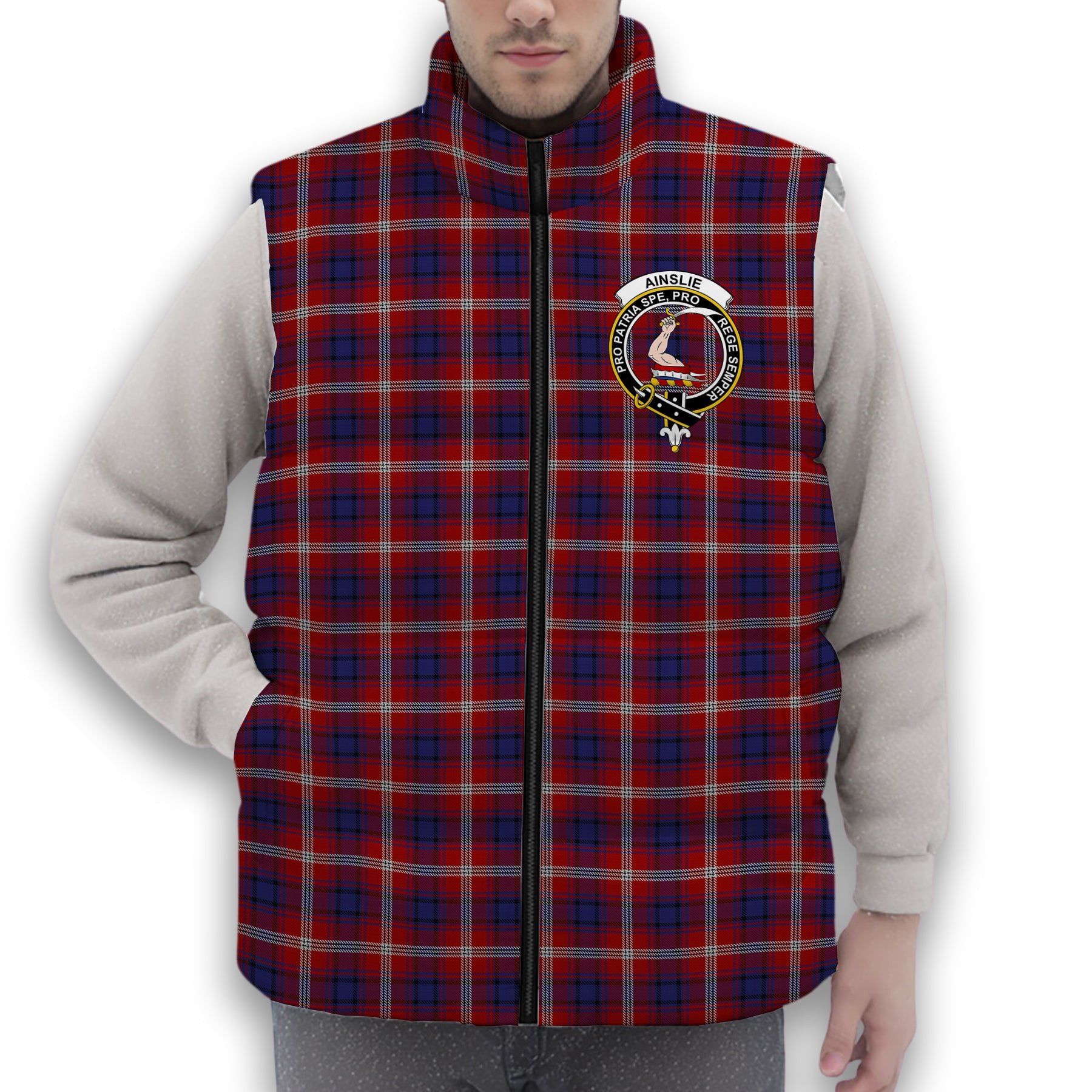 ScotsTee Shop Scottish Ainslie Crest Tartan Puffer Vest Winter White Duck Down Vest Sleeveless
