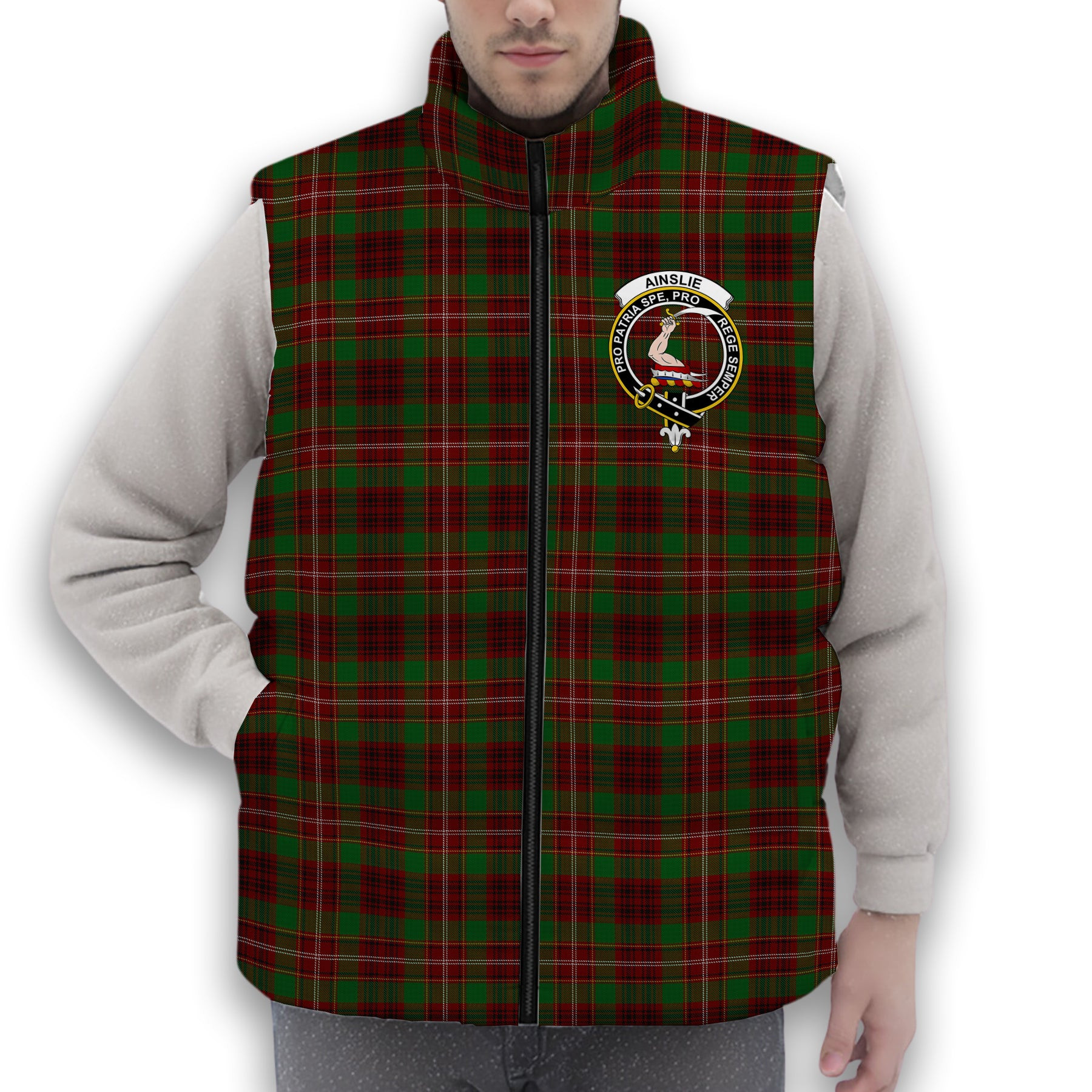 ScotsTee Shop Scottish Ainslie 2 Crest Tartan Puffer Vest Winter White Duck Down Vest Sleeveless