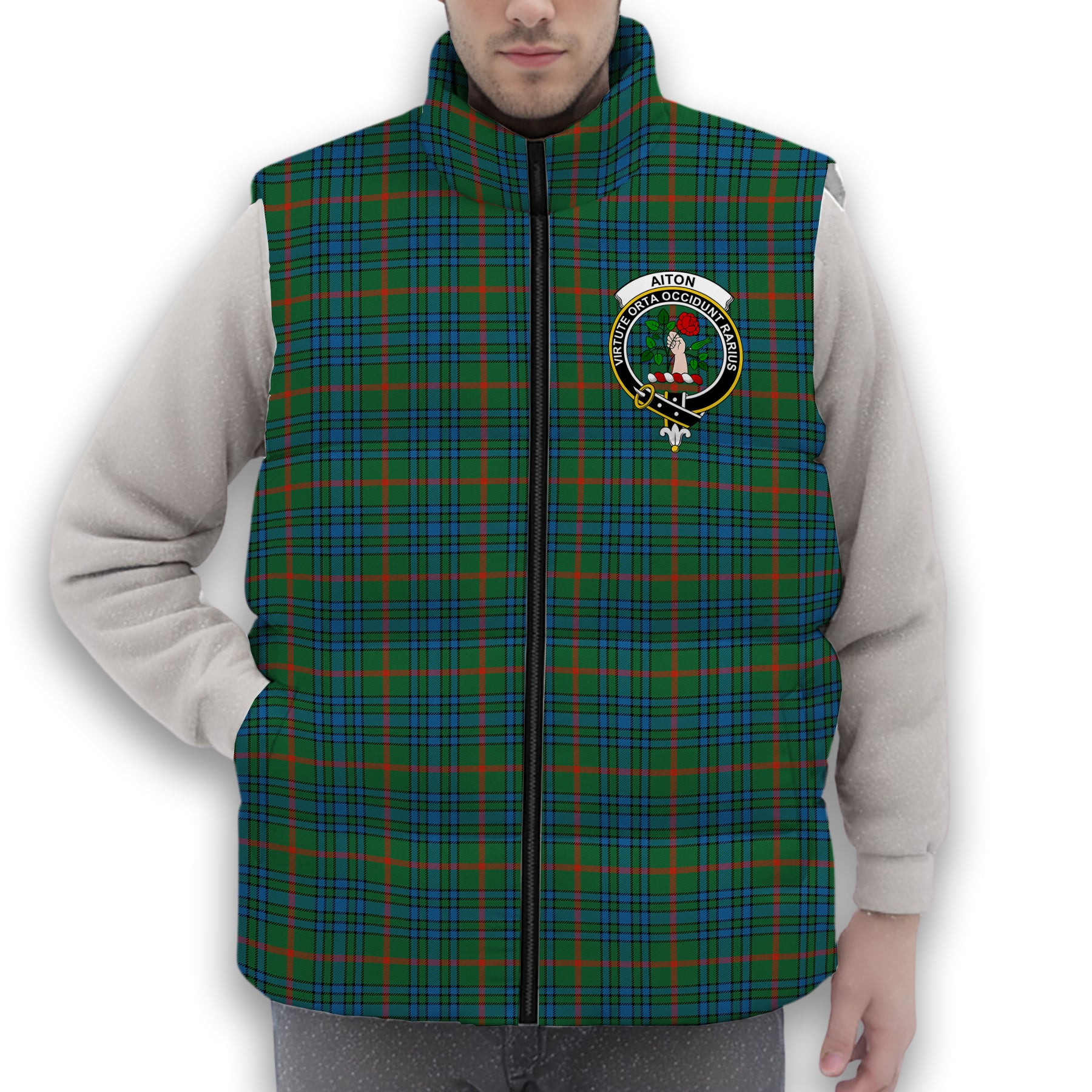 ScotsTee Shop Scottish Aiton Ancient Crest Tartan Puffer Vest Winter White Duck Down Vest Sleeveless